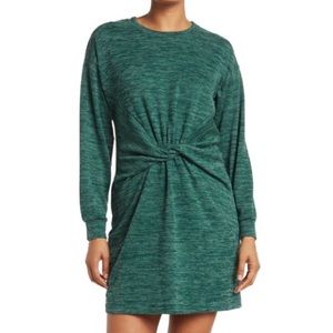 Stitchdrop Twist Front Mini Sweater Dress Heathered Basil Medium NWT